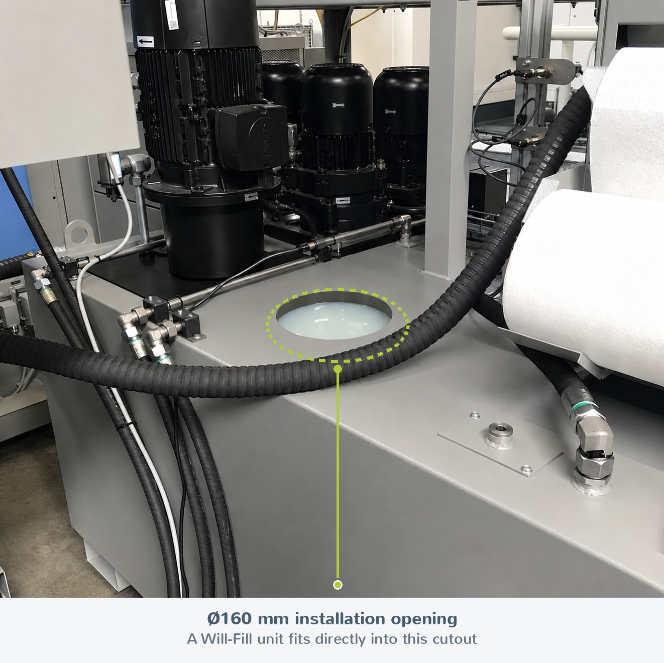 Coolant tank with its round installation opening circled, captioned '160 mm installation opening — a Will-Fill unit fits directly into this cutout'