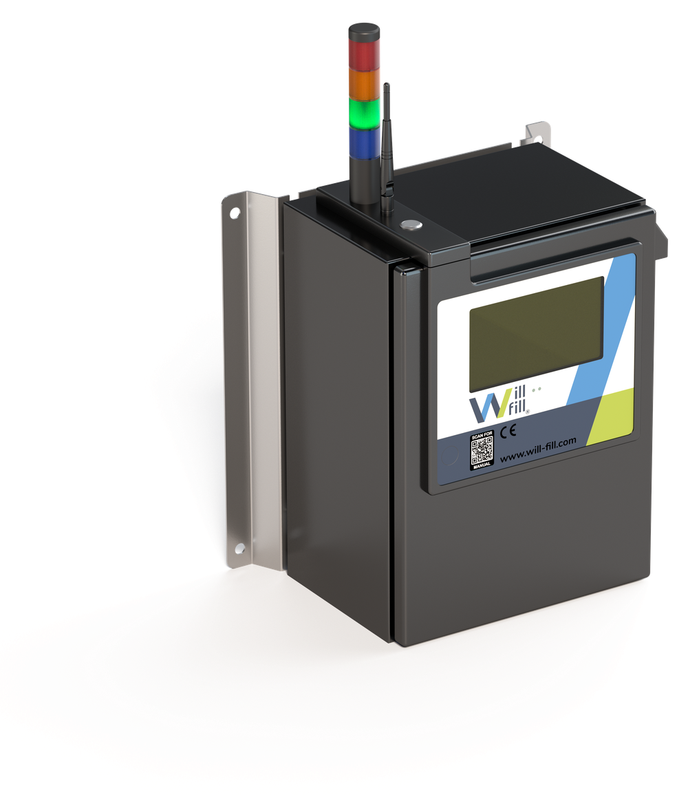 Render of the Will-Fill AIO AP feeder unit — a wall-mounted enclosure with an integrated status light tower