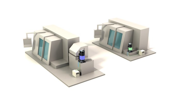 Diagram of two machines, each fitted with its own independent Will-Fill DDx AP unit and oil source