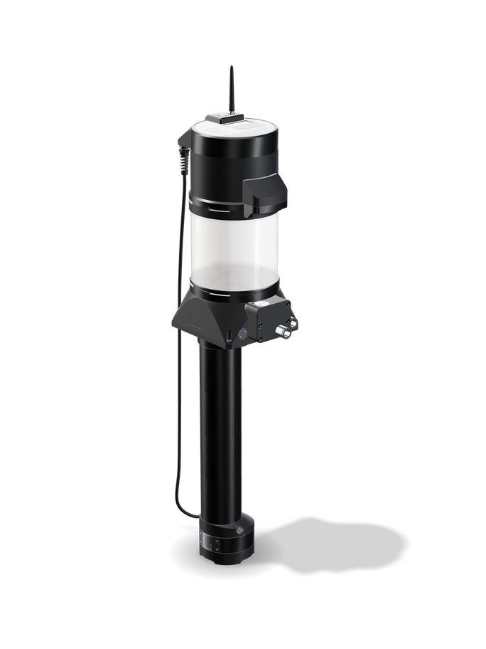 Will-Fill DDx AP device render — a black cylindrical unit with a wireless antenna, integrated probe and extension tube for installation on a machine tank