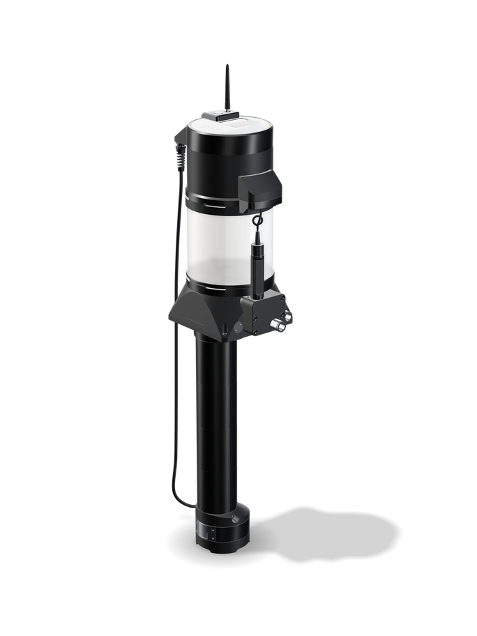 Will-Fill DDx CP device render — a black cylindrical unit with a wireless antenna, integrated probe and extension tube for installation on a machine tank